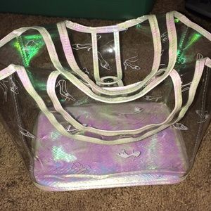 Clear iridescent shoe motif make up bag